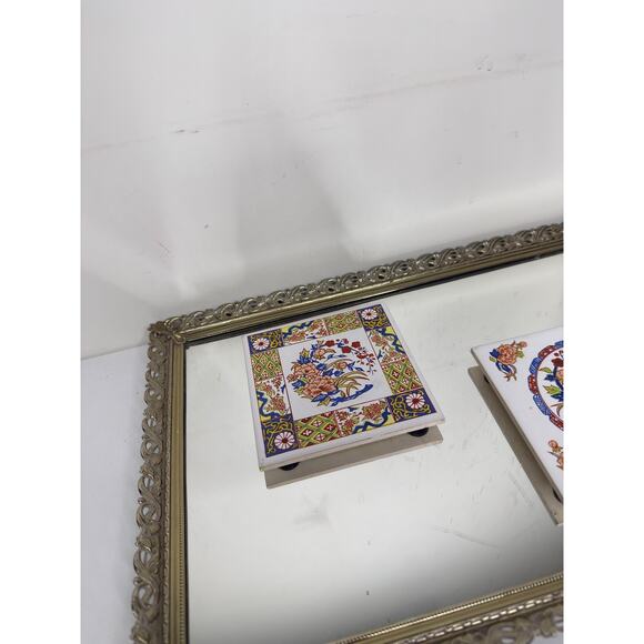 Set of Two Vintage Chinoiserie Style Coasters Trivets Tiles w/ Feet Floral - Picture 9 of 10